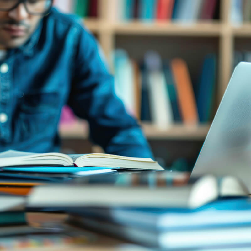 Pre-Assessment Support a man doing an online course lookinmg at books