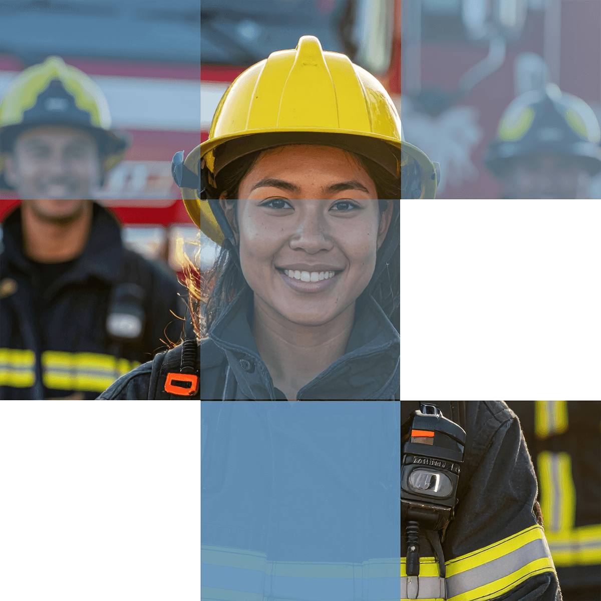 header Female firefighter stood infront of two male colleagues, all in uniform and smiling